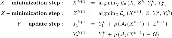 	begin{array}{rrcl} 	X-mathbf{minimization}~mathbf{step:} 	& 	~~ 	X^{k+1}  	&!!mathrel{mathop:}=!!& 	 {rm argmin}_{X} ,  {cal L}_0, ( X,, Z^k; , Y_1^k,, Y_2^k) 	[0.25cm] 	Z-mathbf{minimization}~mathbf{step:} 	& 	~~ 	Z^{k+1}  	&!!mathrel{mathop:}=!!&  	{rm argmin}_{Z} , {cal L}_{rho}, ( X^{k+1},, Z; , Y_1^k,, Y_2^k) 	[0.25cm] 	Y-mathbf{update}~mathbf{step:} 	& 	~~ 	Y_1^{k+1} 	&!!mathrel{mathop:}=!!&  	Y_1^k ,+, displaystyle{rho left( {cal A}_1 (X^{k+1}) , + , Z^{k+1} right)} 	[0.25cm] 	& 	~~ 	Y_2^{k+1}  	&!!mathrel{mathop:}=!!&  	Y_2^k ,+, displaystyle{rho left( {cal A}_2 (X^{k+1}) , - , G right)} 	end{array} 