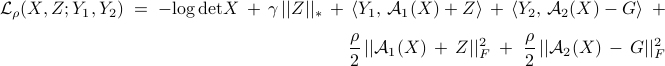 	 	begin{array}{l} 	{cal L}_rho (X, Z; Y_1, Y_2)  	; = ; 	displaystyle{-{rm log,det} X , + , gamma, ||Z||_*}   	, +, 	left<Y_1,, {cal A}_1 (X) + Z right> 	, + , 	left<Y_2,, {cal A}_2 (X) - G right> 	~ + 	[0.25cm]  	hfill 	{  	displaystyle{ 	frac{rho}{2}, ||{cal A}_1 (X) , + , Z||_F^2} 	; + ; 	displaystyle{ 	frac{rho}{2}, ||{cal A}_2 (X) , - , G||_F^2} 	} 	end{array} 	