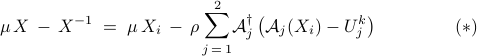  	mu, X ,-, X^{-1} 	;= ; 	mu, X_i   	,-, 	rho,  	displaystyle{sum_{j , = , 1}^2} {cal A}_j^daggerleft({cal A}_j (X_i) - U_j^k right) 	hspace{1.5cm}     	{rm (*)} 