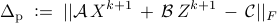  	Delta_{mathrm{p}}  	;mathrel{mathop:}=;  	||{cal A} , X^{k+1} ,+, {cal B}, Z^{k+1} ,-, {cal C}||_F 