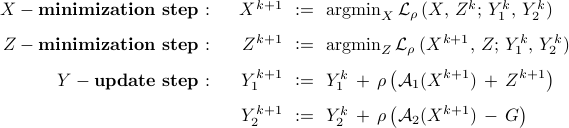  	begin{array}{rrcl} 	X-mathbf{minimization}~mathbf{step:} 	& 	~~ 	X^{k+1}  	&!!mathrel{mathop:}=!!& 	 {rm argmin}_{X} ,  {cal L}_{rho}, ( X,, Z^k; , Y_1^k,, Y_2^k) 	[0.25cm] 	Z-mathbf{minimization}~mathbf{step:} 	& 	~~ 	Z^{k+1}  	&!!mathrel{mathop:}=!!&  	{rm argmin}_{Z} , {cal L}_{rho}, ( X^{k+1},, Z; , Y_1^k,, Y_2^k) 	[0.25cm] 	Y-mathbf{update}~mathbf{step:} 	& 	~~ 	Y_1^{k+1} 	&!!mathrel{mathop:}=!!&  	Y_1^k ,+, displaystyle{rho left( {cal A}_1 (X^{k+1}) , + , Z^{k+1} right)} 	[0.25cm] 	& 	~~ 	Y_2^{k+1}  	&!!mathrel{mathop:}=!!&  	Y_2^k ,+, displaystyle{rho left( {cal A}_2 (X^{k+1}) , - , G right)} 	end{array} 
