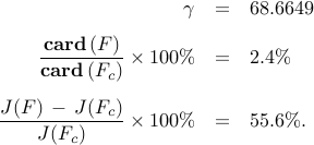      begin{array}{rcl}     gamma      & = &      68.6649     [0.25cm]     displaystyle{frac{ {rm bf{card}} , (F) }{ {rm bf{card}} , (F_{c}) }}     times 100 %     & = &     2.4%     [0.5cm]     displaystyle{frac{J(F) ,-, J(F_c)}{J(F_c)}}     times 100 %     & = &     55.6%.     end{array}     